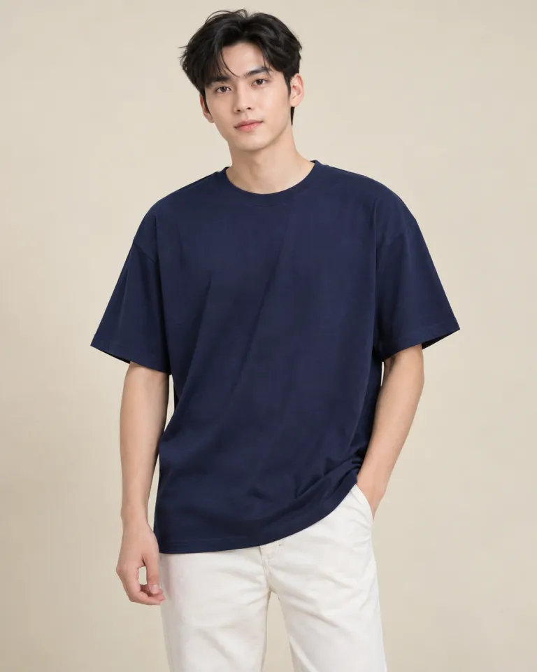 Người mẫu Việt Nam mặc áo thun đồng phục màu xanh navy, thân trơn tối giản, form form oversize 220gsm, chất thun lạnh co giãn