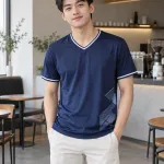 Áo thun đồng phục màu xanh navy, tay viền màu, form cổ tim thể thao, chất cotton poly