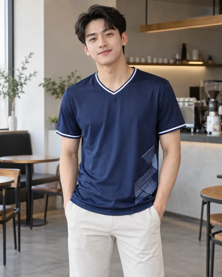 Người mẫu Việt Nam mặc áo thun đồng phục màu xanh navy, tay viền màu, form cổ tim thể thao, chất cotton poly