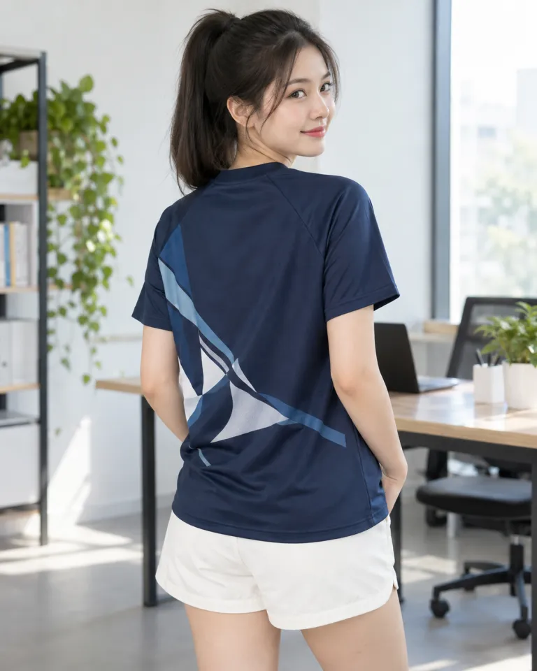 Người mẫu Việt Nam mặc áo thun đồng phục màu xanh navy, in chuyển nhiệt sau lưng, form tay raglan, chất cotton poly