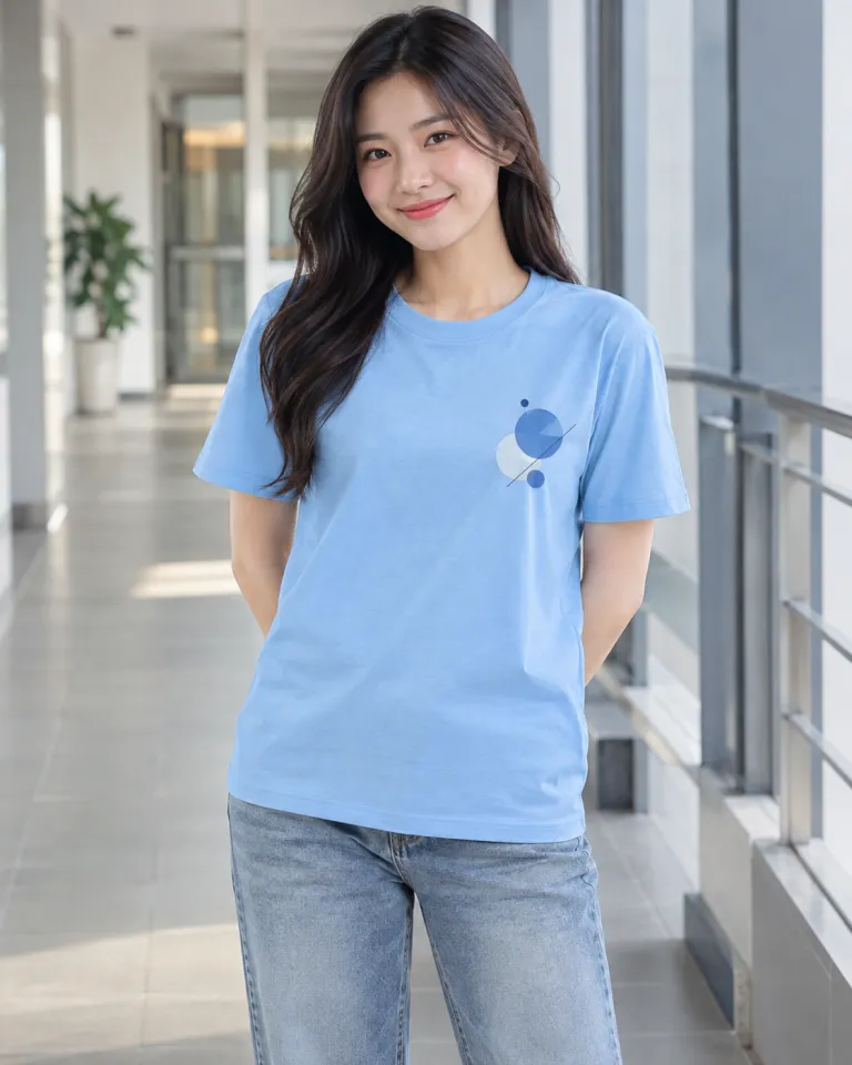 Người mẫu Việt Nam mặc áo thun đồng phục màu xanh dương nhạt, in lụa trước ngực, form cổ tròn form regular, chất cotton compact