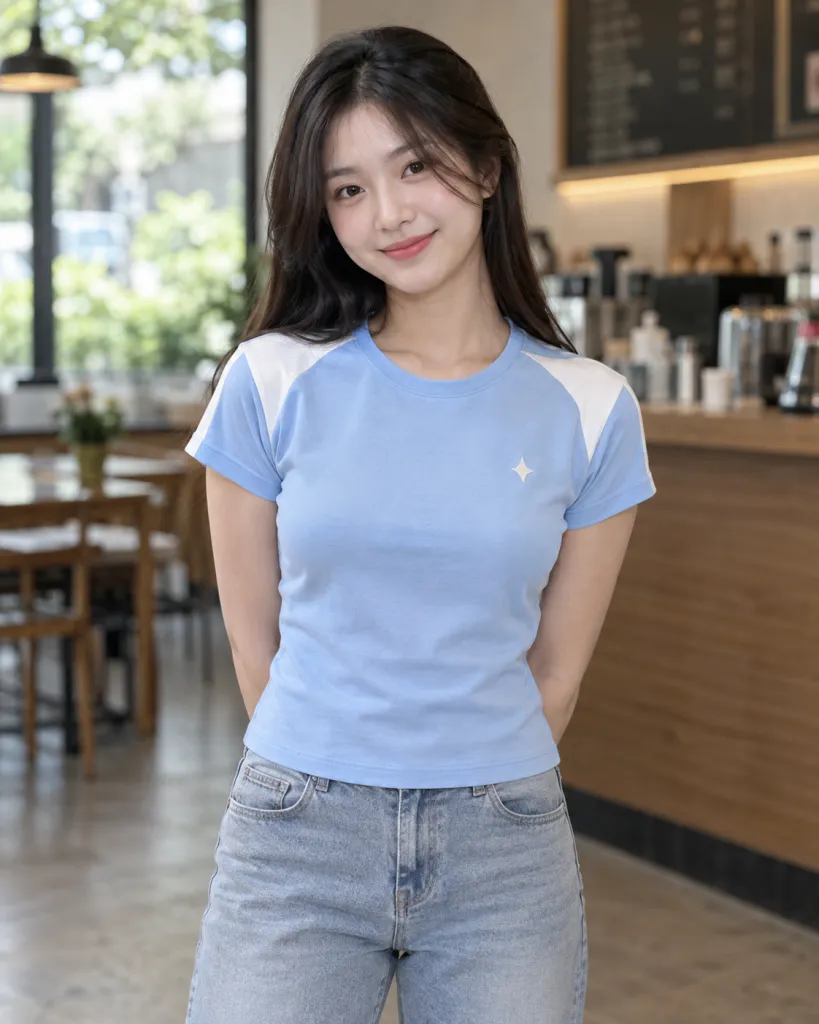 Hình ảnh Áo thun đồng phục màu xanh dương nhạt, phối vai, form form baby tee 240gsm, chất cotton 100%