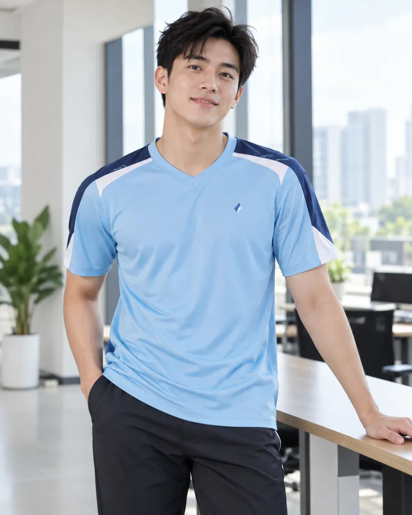 Áo thun đồng phục màu xanh dương nhạt, phối vai, form cổ tim thể thao, chất thun lạnh co giãn
