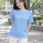 Áo thun đồng phục màu xanh dương nhạt, thân trơn tối giản, form tay raglan, chất thun lạnh co giãn