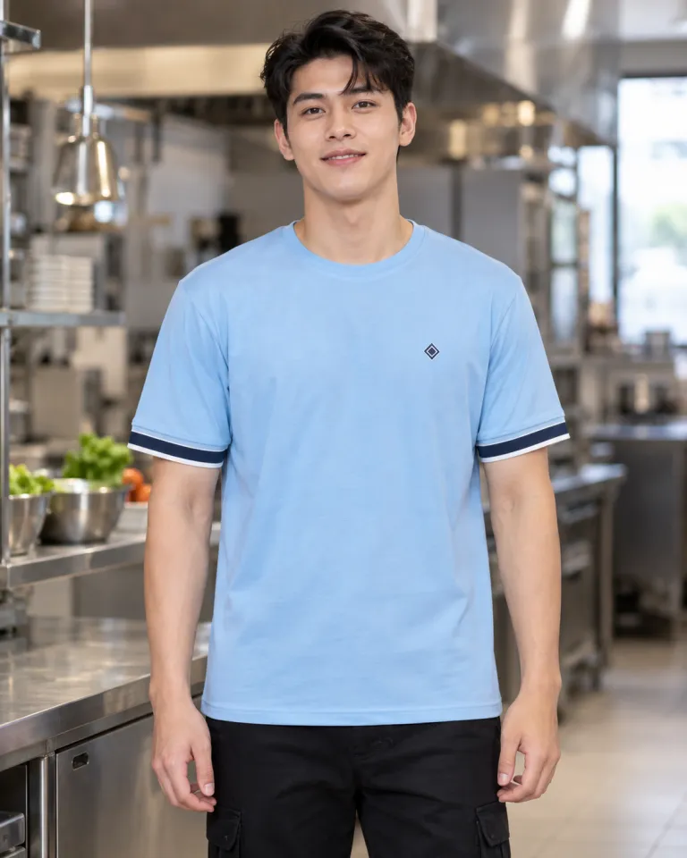 Người mẫu Việt Nam mặc áo thun đồng phục màu xanh dương nhạt, tay viền màu, form form suông unisex, chất cotton poly