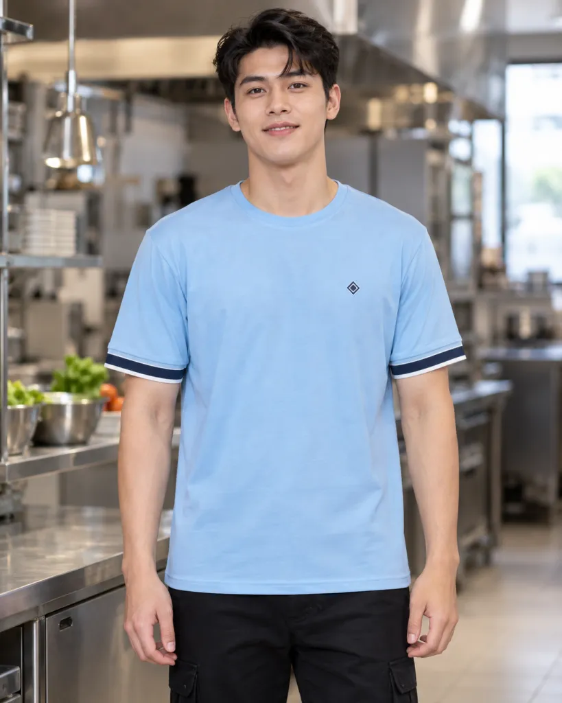 Hình ảnh Áo thun đồng phục màu xanh dương nhạt, tay viền màu, form form suông unisex, chất cotton poly