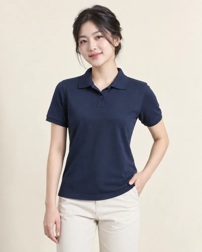 Áo polo đồng phục màu xanh navy, bo tay đồng màu, form cổ bẻ trơn, chất cá sấu cotton