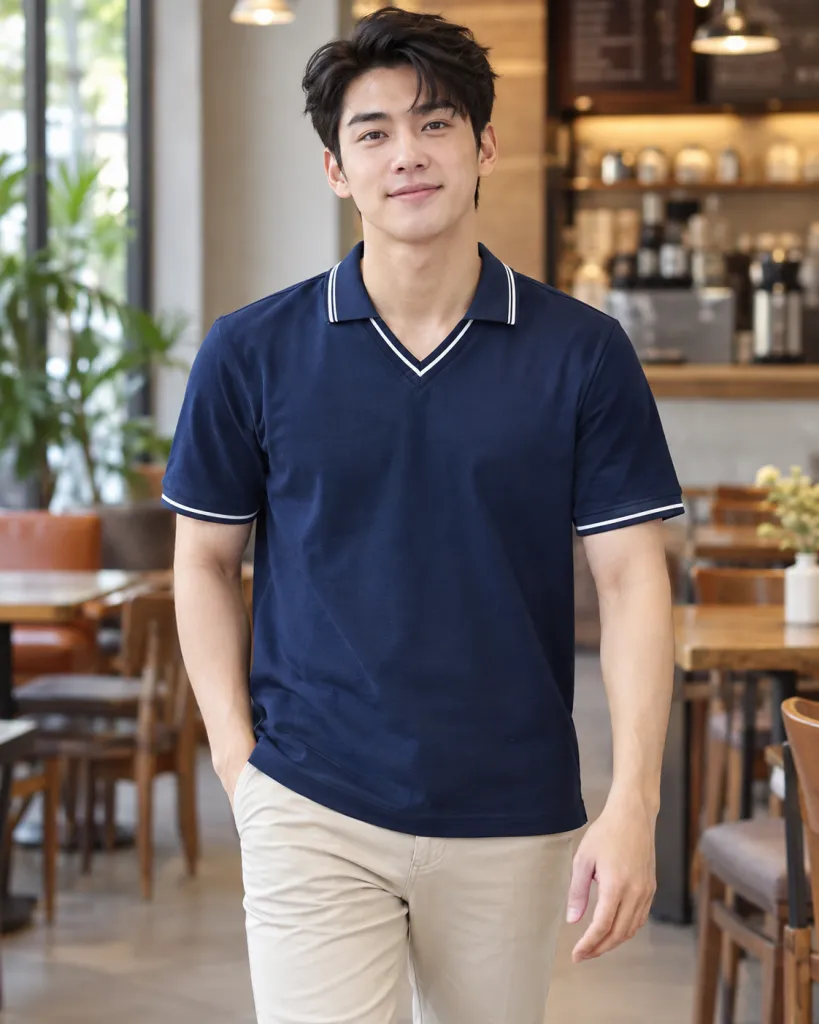 Hình ảnh Áo polo đồng phục màu xanh navy, thân áo tối giản, form cổ V phối viền, chất cotton rayon