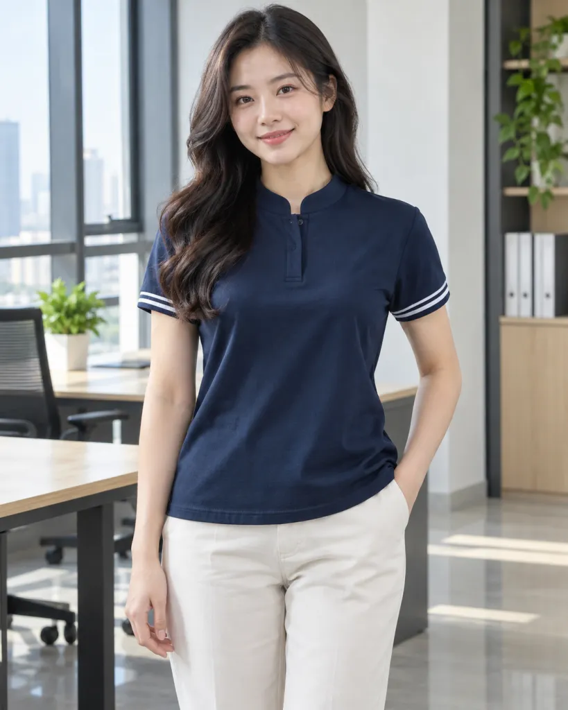 Hình ảnh Áo polo đồng phục màu xanh navy, tay áo phối sọc, form cổ tàu tối giản, chất cotton rayon