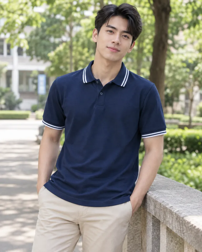 Người mẫu Việt Nam mặc áo polo đồng phục màu xanh navy, tay áo phối sọc, form bo cổ sọc, chất cotton poly 220gsm