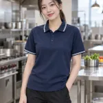 Áo polo đồng phục màu xanh navy, viền cổ tương phản, form phối vai raglan, chất cotton poly 220gsm