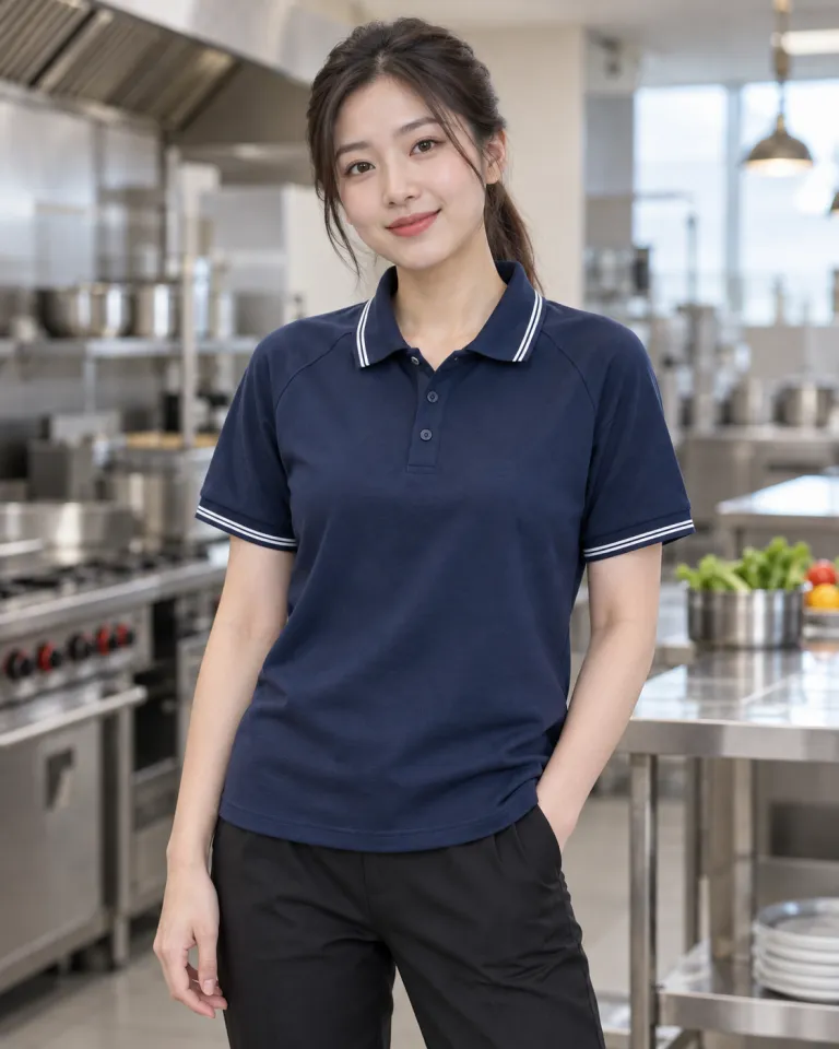 Người mẫu Việt Nam mặc áo polo đồng phục màu xanh navy, viền cổ tương phản, form phối vai raglan, chất cotton poly 220gsm