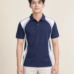 Áo polo đồng phục màu xanh navy, vai phối màu, form phối sườn thể thao, chất pique poly co giãn