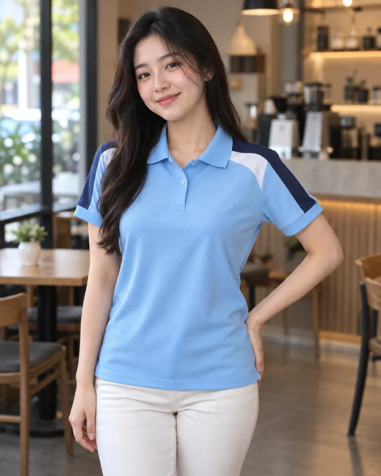 Người mẫu Việt Nam mặc áo polo đồng phục màu xanh dương nhạt, vai phối màu, form cổ bẻ trơn, chất pique poly co giãn