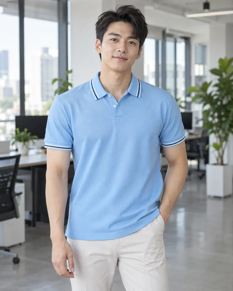 Áo polo đồng phục màu xanh dương nhạt, nẹp cổ hai nút, form cổ V phối viền, chất cá sấu cotton