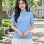 Áo polo đồng phục màu xanh dương nhạt, bo tay đồng màu, form cổ tàu tối giản, chất cá sấu cotton
