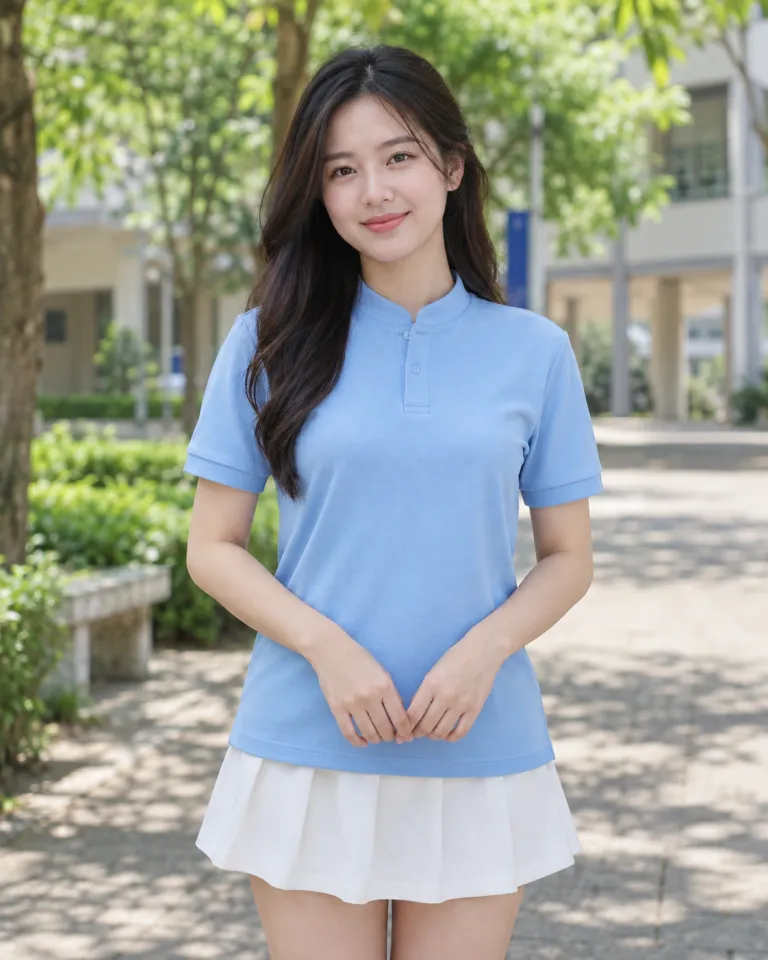 Người mẫu Việt Nam mặc áo polo đồng phục màu xanh dương nhạt, bo tay đồng màu, form cổ tàu tối giản, chất cá sấu cotton