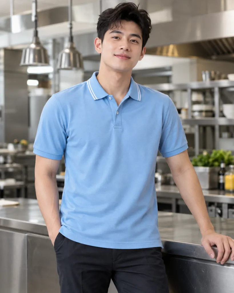 Hình ảnh Áo polo đồng phục màu xanh dương nhạt, bo tay đồng màu, form bo cổ sọc, chất cotton rayon