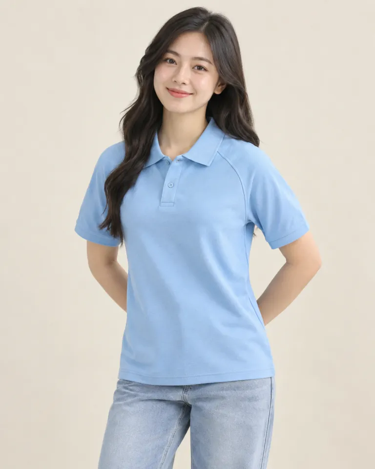 Người mẫu Việt Nam mặc áo polo đồng phục màu xanh dương nhạt, thân áo tối giản, form phối vai raglan, chất cotton rayon