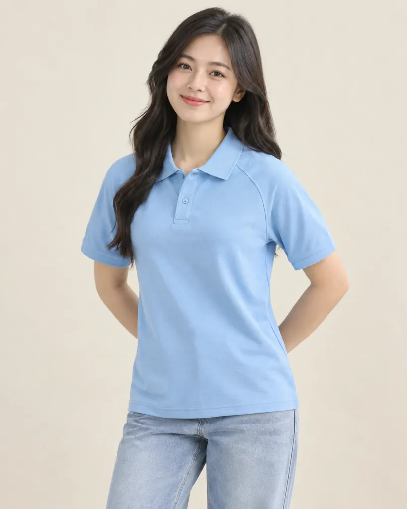 Áo polo đồng phục màu xanh dương nhạt, thân áo tối giản, form phối vai raglan, chất cotton rayon