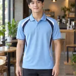 Áo polo đồng phục màu xanh dương nhạt, tay áo phối sọc, form phối sườn thể thao, chất cotton poly 220gsm