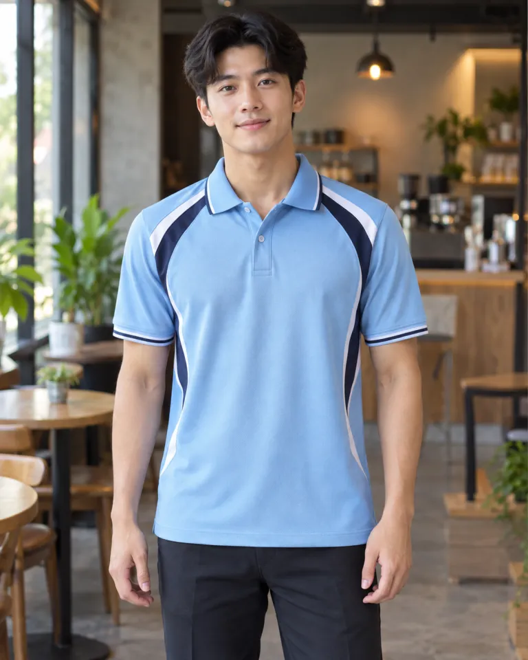 Người mẫu Việt Nam mặc áo polo đồng phục màu xanh dương nhạt, tay áo phối sọc, form phối sườn thể thao, chất cotton poly 220gsm