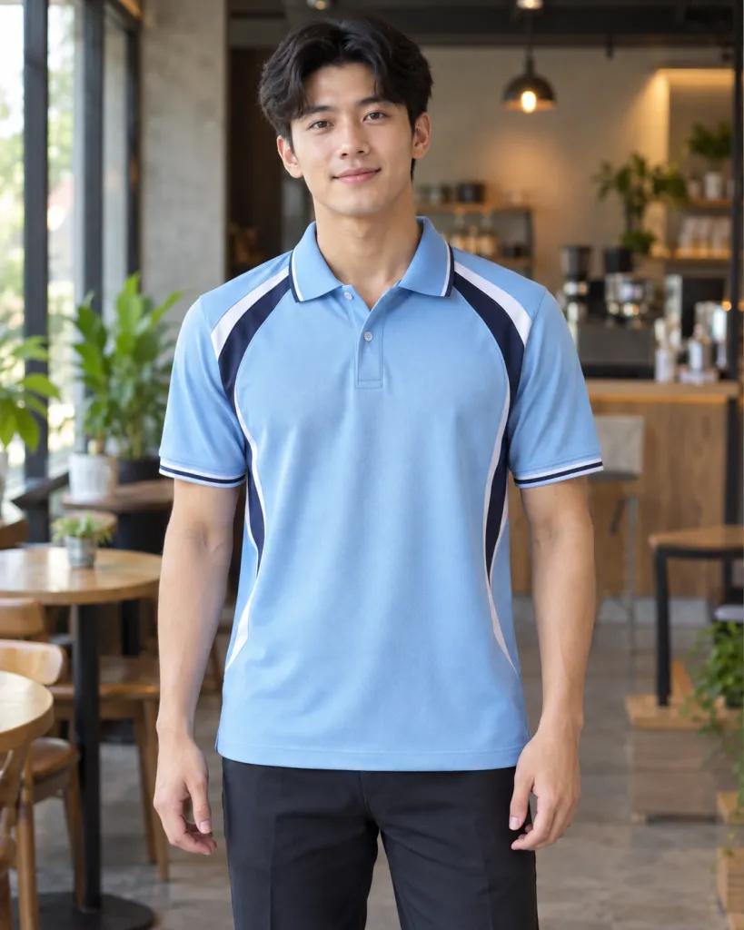 Hình ảnh Áo polo đồng phục màu xanh dương nhạt, tay áo phối sọc, form phối sườn thể thao, chất cotton poly 220gsm