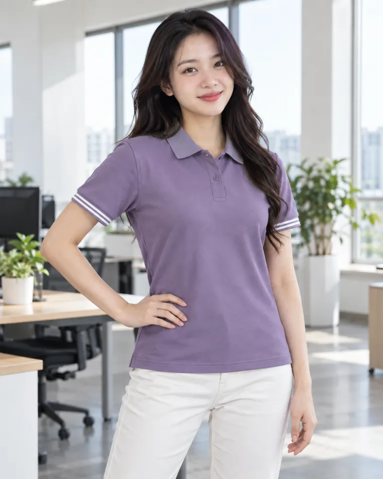 Người mẫu Việt Nam mặc áo polo đồng phục màu tím khói, tay áo phối sọc, form cổ bẻ trơn, chất cotton poly 220gsm