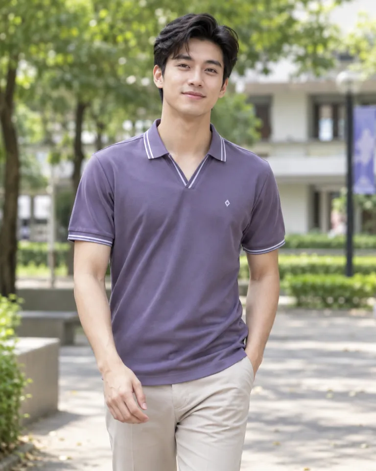 Người mẫu Việt Nam mặc áo polo đồng phục màu tím khói, viền cổ tương phản, form cổ v phối viền, chất pique poly co giãn