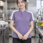 Áo polo đồng phục màu tím khói, vai phối màu, form cổ tàu tối giản, chất pique poly co giãn
