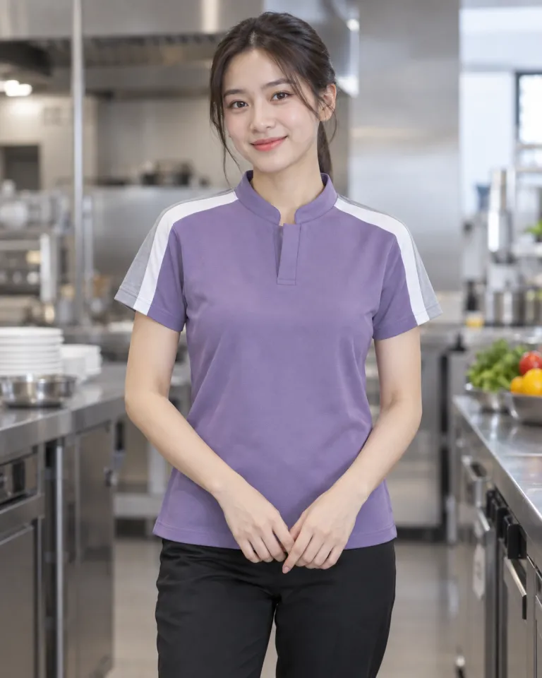 Người mẫu Việt Nam mặc áo polo đồng phục màu tím khói, vai phối màu, form cổ tàu tối giản, chất pique poly co giãn