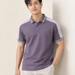 Áo polo đồng phục màu tím khói, vai phối màu, form bo cổ sọc, chất cá sấu cotton