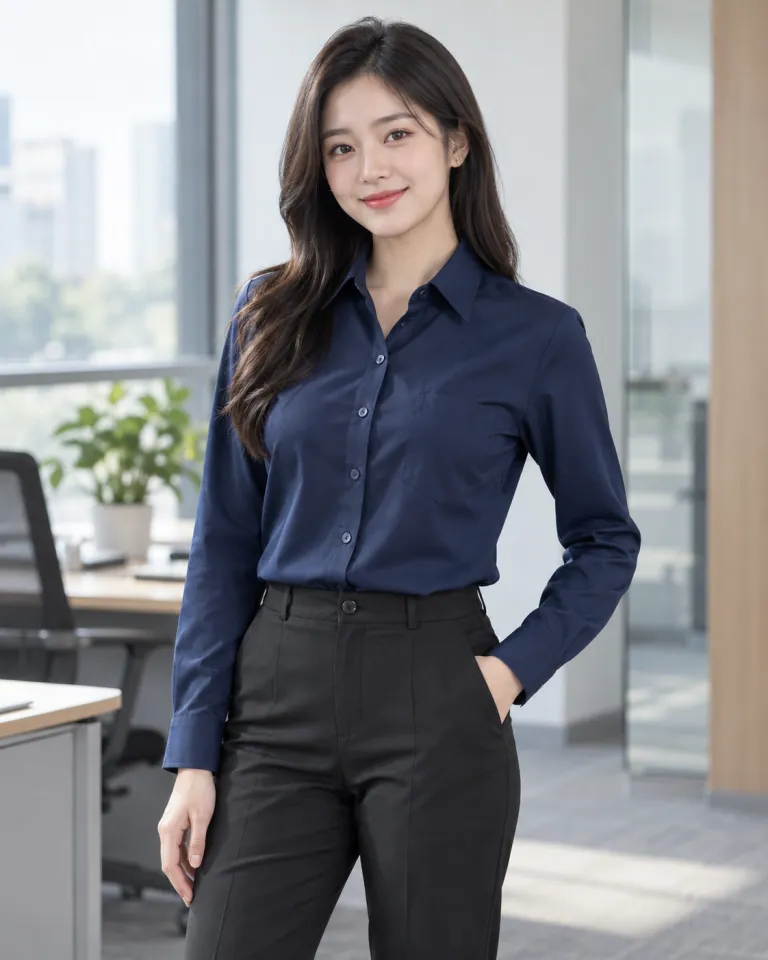 Người mẫu Việt Nam mặc áo sơ mi đồng phục màu xanh navy, túi ngực gọn, form tay dài cổ đức, chất kate silk