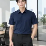Áo sơ mi đồng phục màu xanh navy, nẹp giấu nút, form tay ngắn cổ bẻ, chất poplin ít nhăn