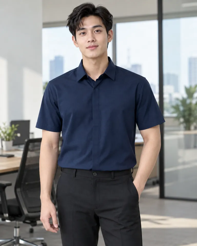 Người mẫu Việt Nam mặc áo sơ mi đồng phục màu xanh navy, nẹp giấu nút, form tay ngắn cổ bẻ, chất poplin ít nhăn