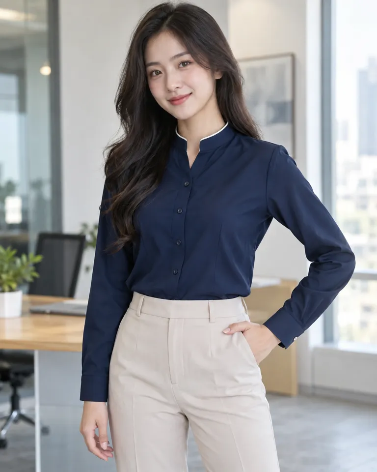 Người mẫu Việt Nam mặc áo sơ mi đồng phục màu xanh navy, viền cổ tinh tế, form cổ tàu hiện đại, chất poplin ít nhăn