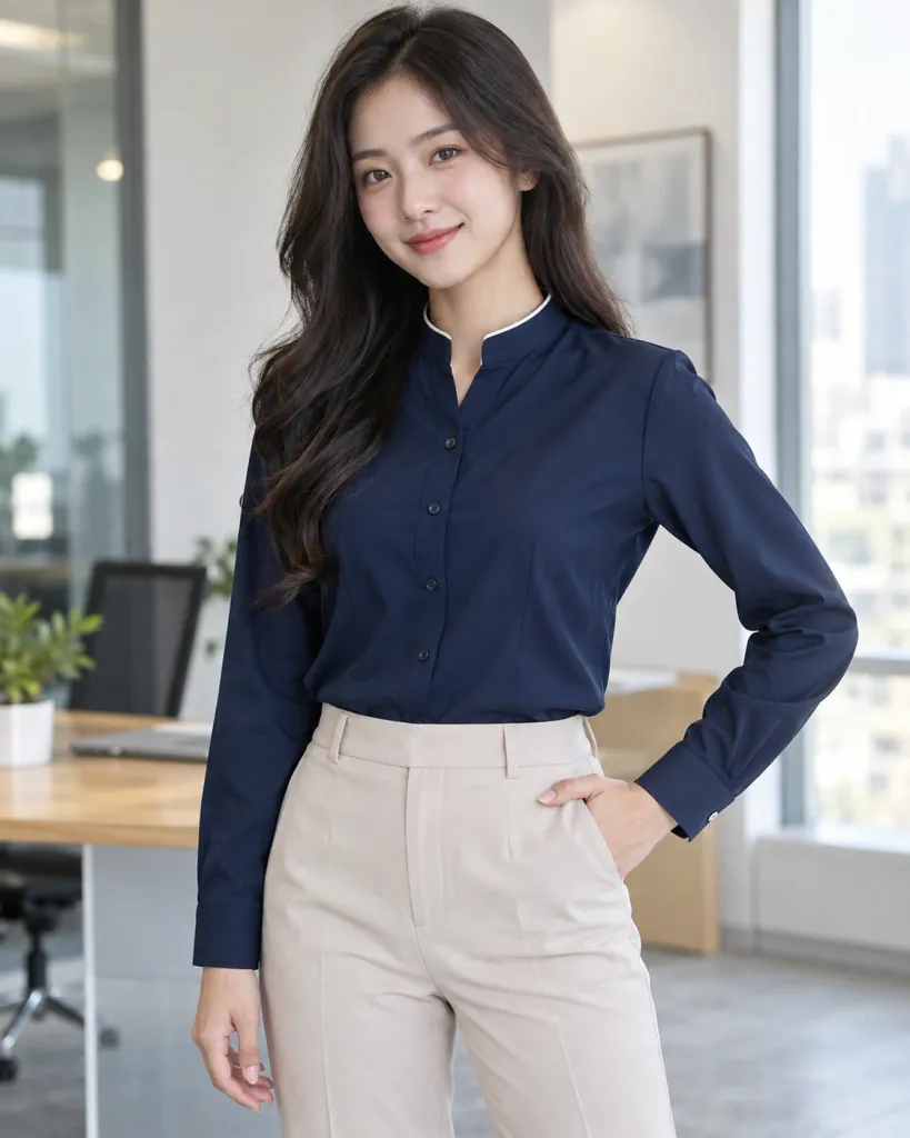 Hình ảnh Áo sơ mi đồng phục màu xanh navy, viền cổ tinh tế, form cổ tàu hiện đại, chất poplin ít nhăn