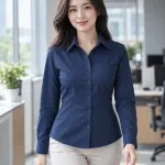 Áo sơ mi đồng phục màu xanh navy, túi ngực gọn, form form nữ chiết eo, chất oxford cotton