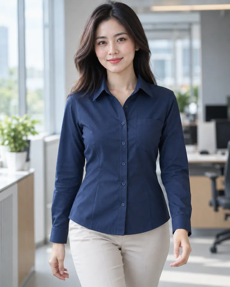 Người mẫu Việt Nam mặc áo sơ mi đồng phục màu xanh navy, túi ngực gọn, form form nữ chiết eo, chất oxford cotton