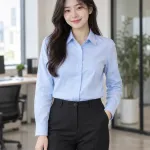 Áo sơ mi đồng phục màu xanh dương nhạt, nẹp giấu nút, form tay dài cổ đức, chất oxford cotton