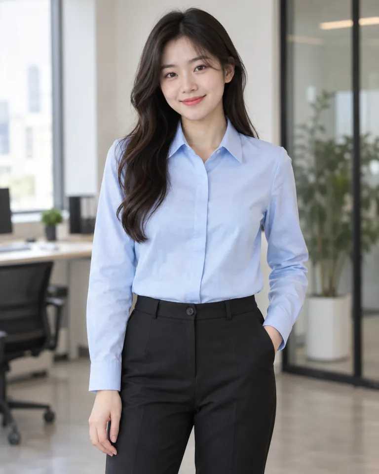 Người mẫu Việt Nam mặc áo sơ mi đồng phục màu xanh dương nhạt, nẹp giấu nút, form tay dài cổ đức, chất oxford cotton