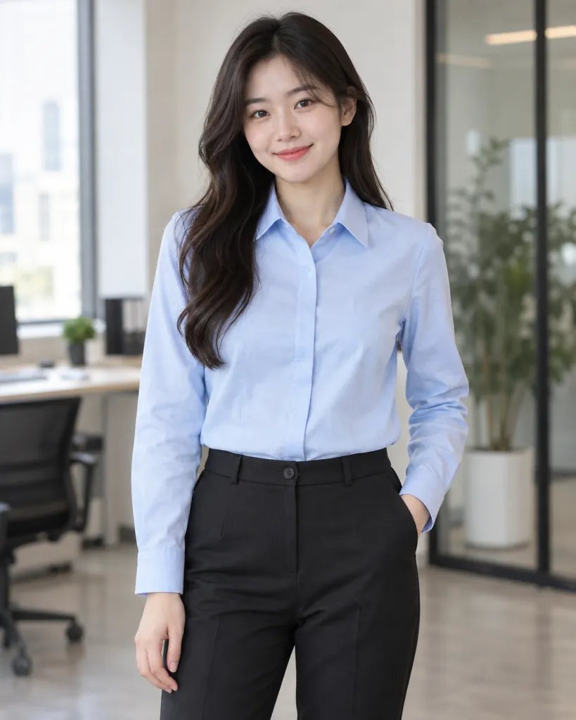 Hình ảnh Áo sơ mi đồng phục màu xanh dương nhạt, nẹp giấu nút, form tay dài cổ đức, chất oxford cotton