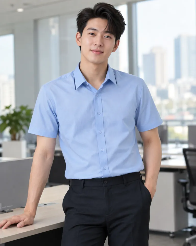 Người mẫu Việt Nam mặc áo sơ mi đồng phục màu xanh dương nhạt, viền cổ tinh tế, form tay ngắn cổ bẻ, chất kate ford