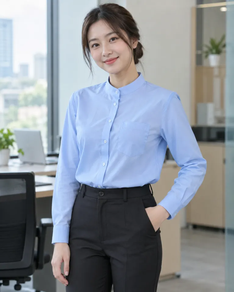 Người mẫu Việt Nam mặc áo sơ mi đồng phục màu xanh dương nhạt, túi ngực gọn, form cổ tàu hiện đại, chất kate ford