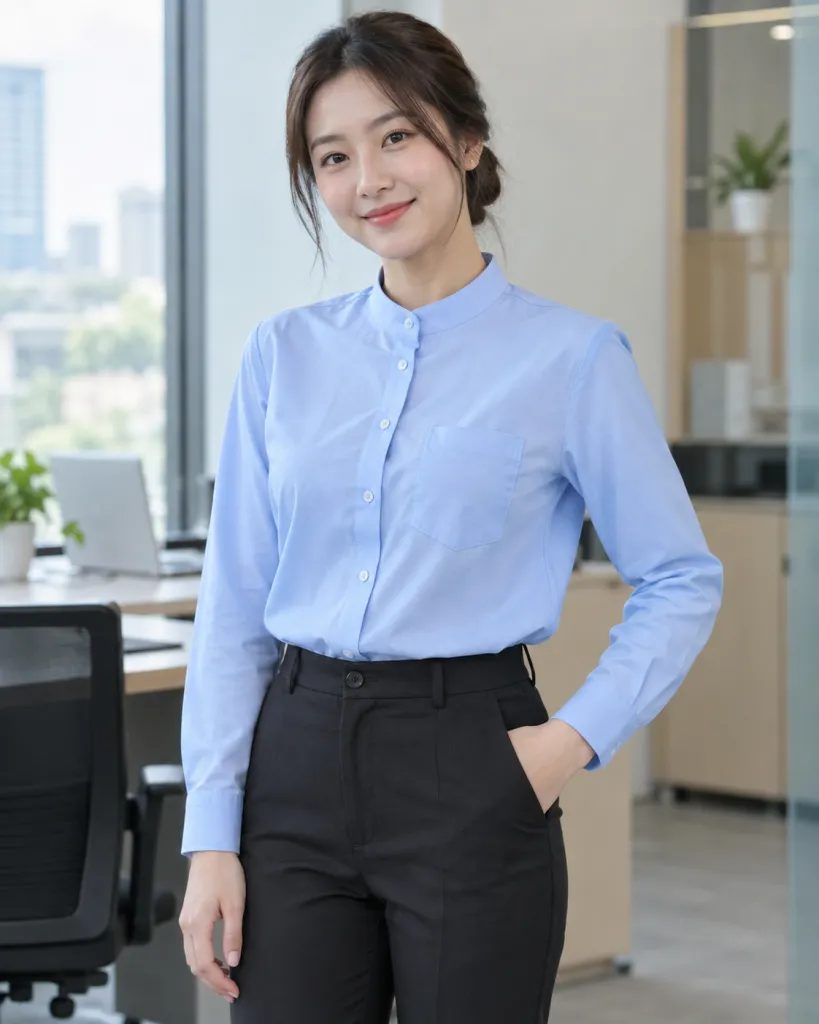 Hình ảnh Áo sơ mi đồng phục màu xanh dương nhạt, túi ngực gọn, form cổ tàu hiện đại, chất kate ford