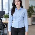 Áo sơ mi đồng phục màu xanh dương nhạt, nẹp giấu nút, form form nữ chiết eo, chất kate silk
