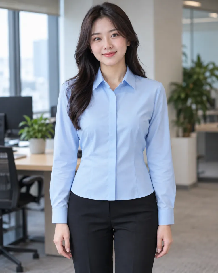Người mẫu Việt Nam mặc áo sơ mi đồng phục màu xanh dương nhạt, nẹp giấu nút, form form nữ chiết eo, chất kate silk