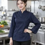 Áo bếp đồng phục màu xanh navy, túi tay tiện dụng, form cổ tàu tay dài, chất kaki cotton