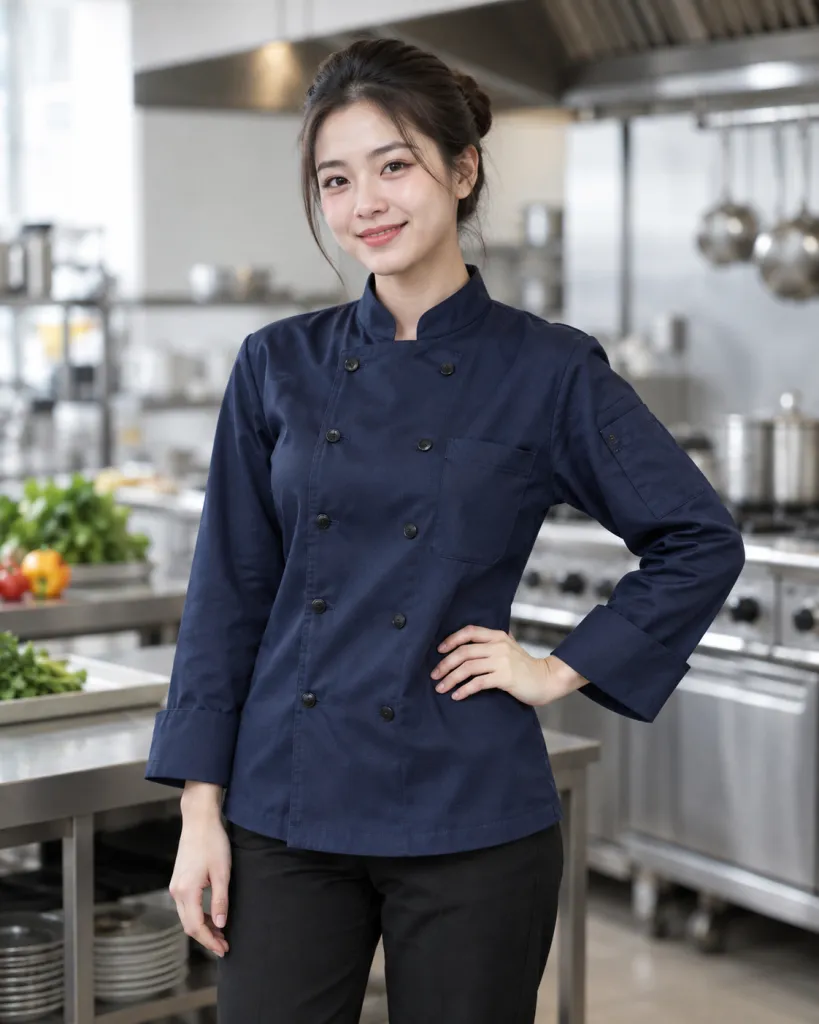 Áo bếp đồng phục màu xanh navy, túi tay tiện dụng, form cổ tàu tay dài, chất kaki cotton