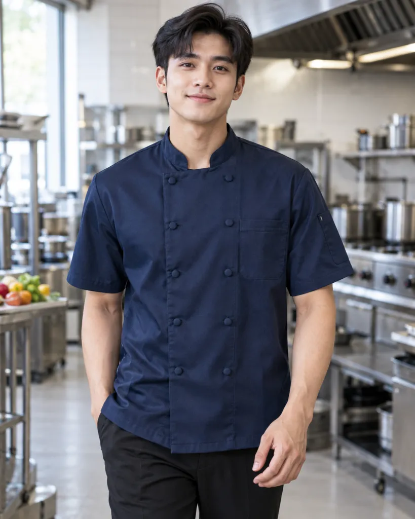 Áo bếp đồng phục màu xanh navy, nút bọc đồng màu, form tay ngắn thoáng nhẹ, chất kaki cotton